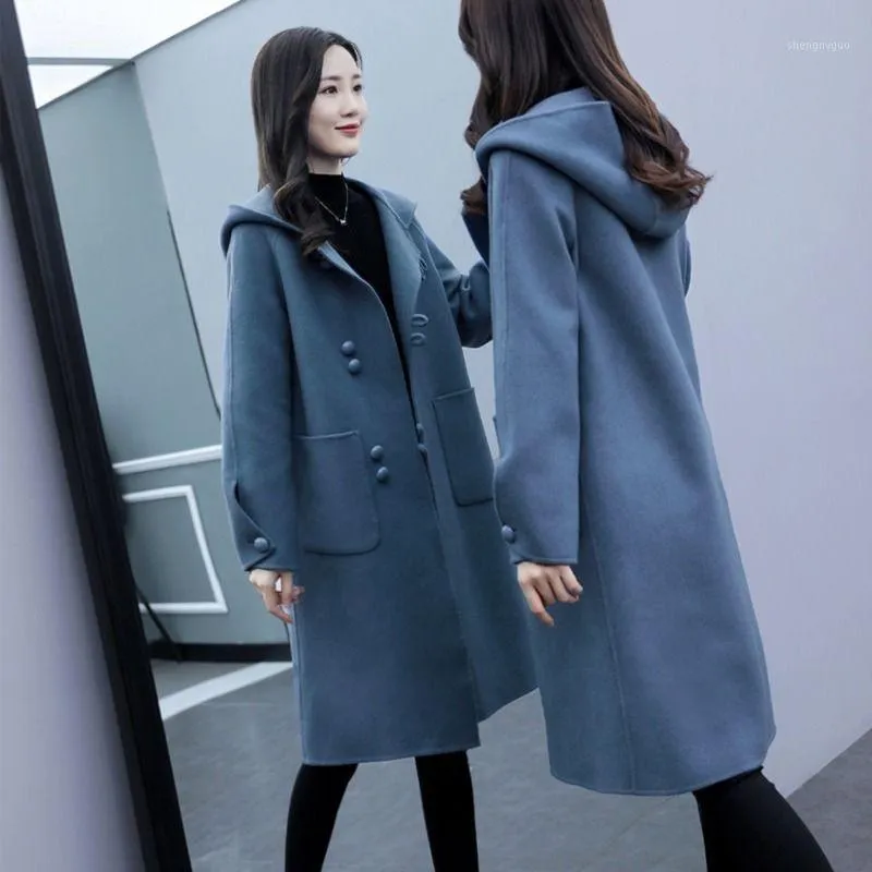 Женское шерстяное пальто из смесовой шерсти 2021, осенне-зимнее свободное пальто в корейском стиле средней длины с капюшоном в стиле ретро, женское пальто
