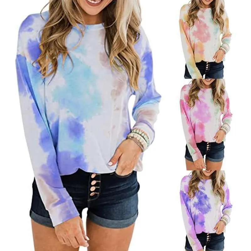 Women's Hoodies Sweatshirts 2021 Dames Lange Mouw Losse Pullovers Crewneck Oversized Kleur Tie Dye Sweatshirt