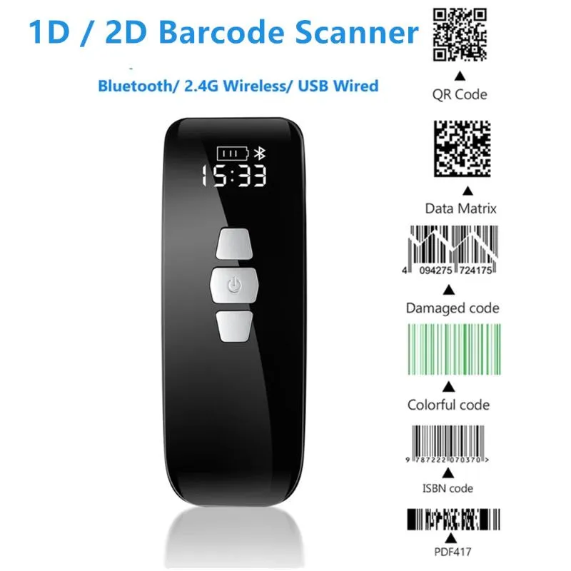 1D QR 2D Bluetooth Wireless Barcode Scanner 2.4G Wireless USB Wired Mini leitor de código de barras com Data da tela LCD Data de varredura matric