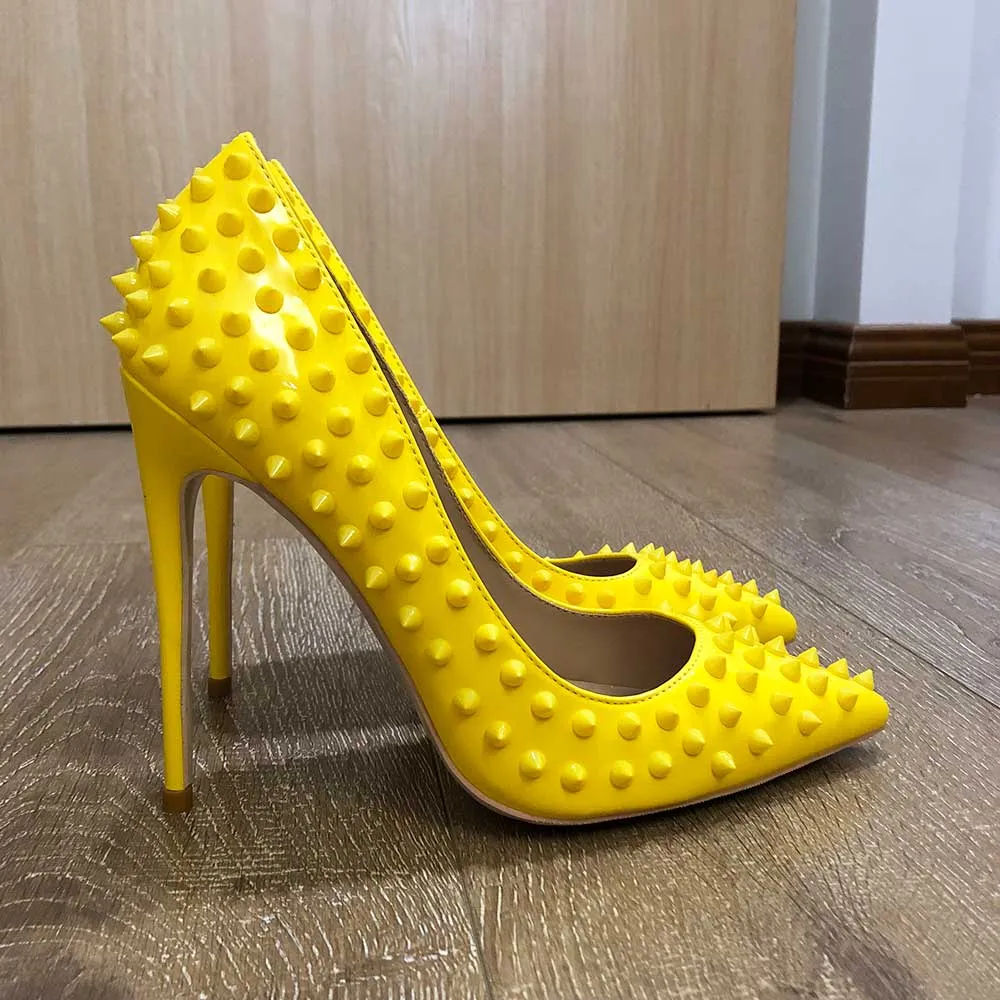 sexy lady Women shoes yellow Patent Leather spikes rivets pointy toe stiletto stripper High heels pumps 12cm big size 44