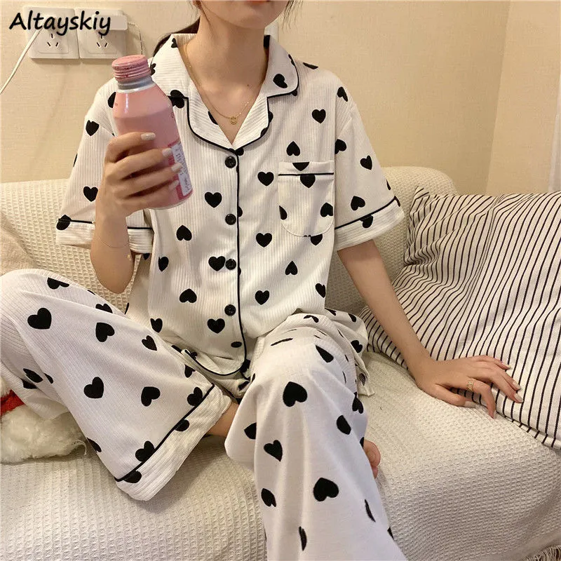 Pajama Set Women Heart-printed Turn-down Collars Short Sleeve Cute Japanese Style 2 Piece Summer Ladies Sleepwear Loose Student X0526