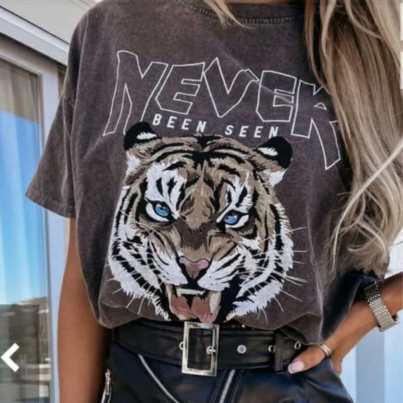 Boho mörkgrå tigerhuvud grafiska tees kvinnor 100% bomull kortärmad o nacke t-shirts mode kvinnor t-shirt casual t shirts x0628