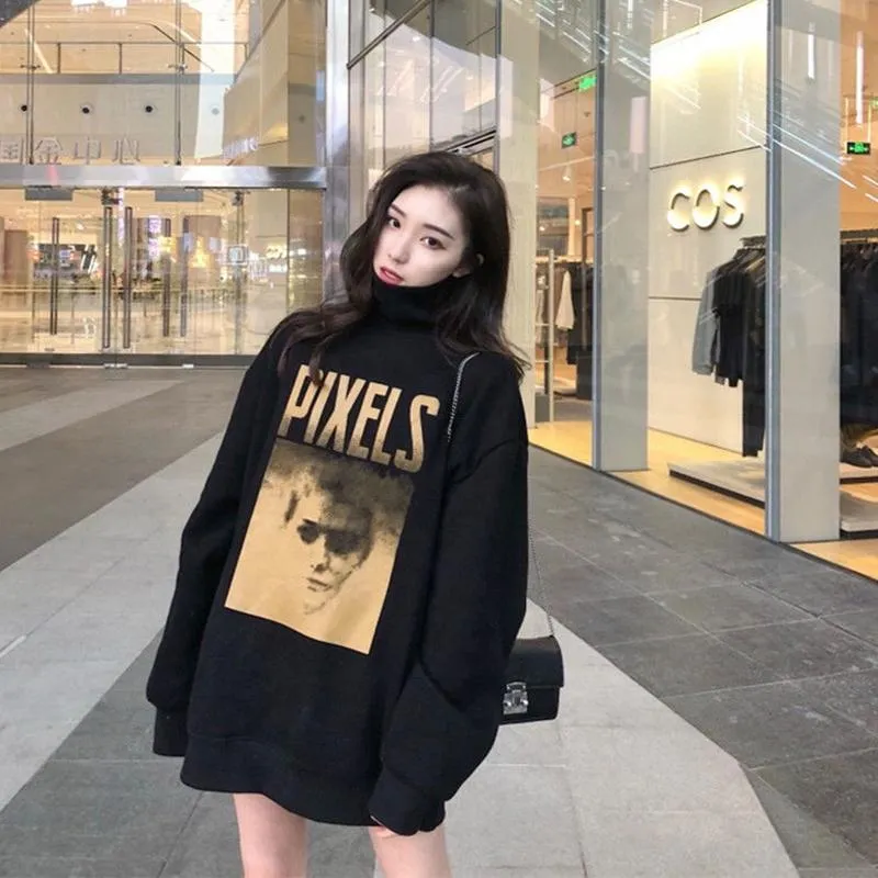 Hoodies das mulheres camisolas Turtleneck Hoodie Feminino Tide Ins Versão coreana de Harajuku Loose BF Vento preguiçoso mais Veludo Grosso Oversized Mi