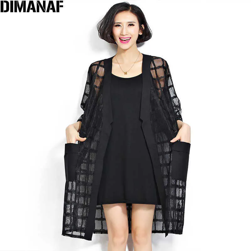 Plus Size Chiffon Jas Zomer Stijl Mode Dameskleding Big Size Black Plaid Print Losse Half Mouw Dame Long Cardigan 210721