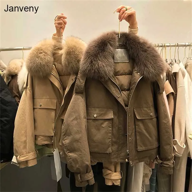 Jämvisk riktig päls Kvinnors dunjacka Kort lös 90% Vit Duck Coat Fashion Female Big Pocket Puffer Snö Outwear 211216