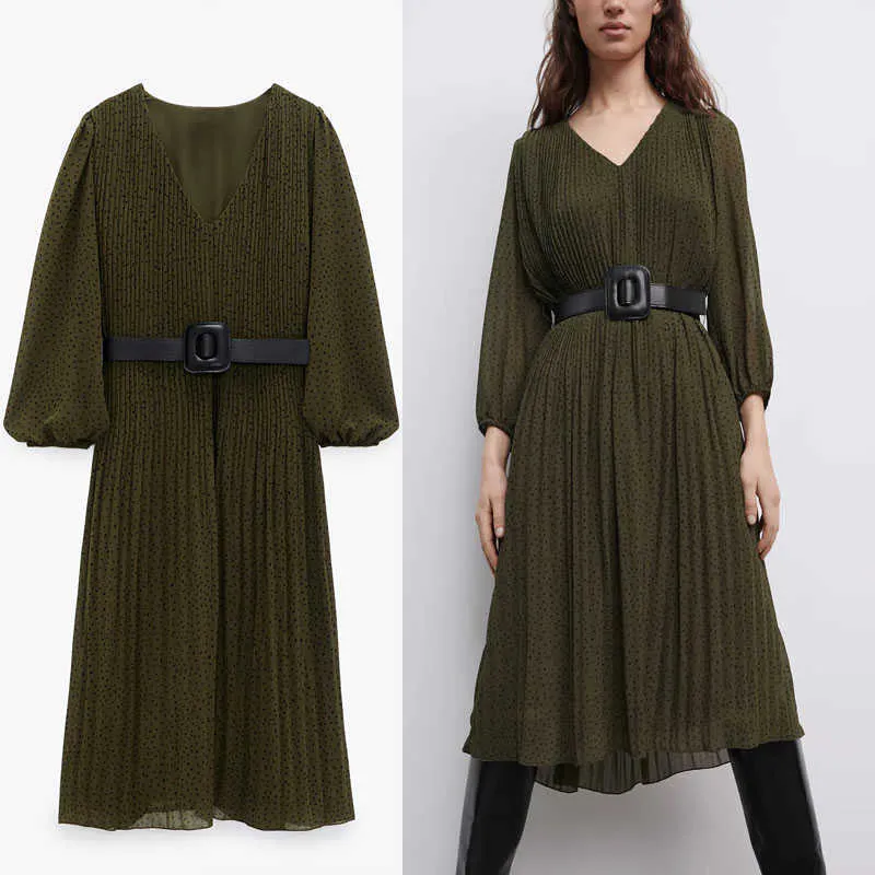 ZA Stampa con cintura Midi Abito verde Donna Vintage manica lunga a sbuffo Pieghettato Office Lady Abiti Donna Chic Elegante lungo Vestido 210602