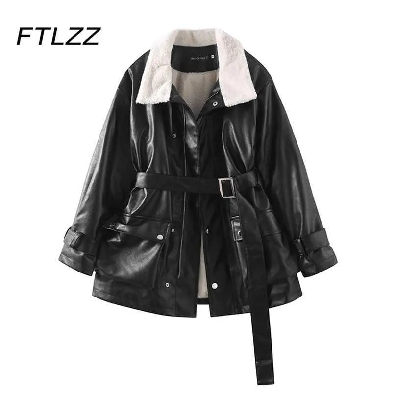 Jesień Zima Faux Sheepskin Skórzane Płaszcze Kobiet Streetwear Ciepłe Grube Lambs Wełna Kurtka Female Black Biker Moto Znosić 210525