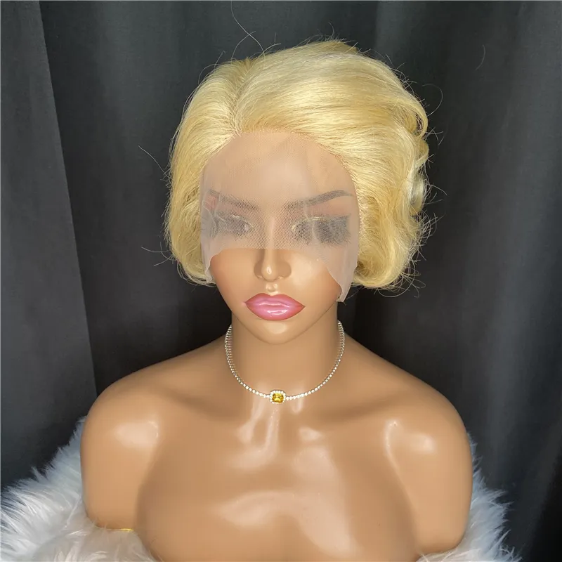 613 Blond Lace Short Pixie Cut Wig Perruques de cheveux humains Body Wave Bob Perruques T Part perruque pour les femmes noires