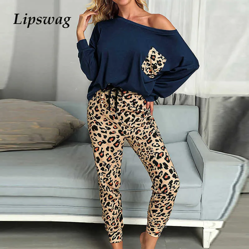 Felpa Donna Imposta Elegante camicia a maniche lunghe leopardata Top e pantaloni lunghi autunnali Set due pezzi Abito da donna Lounge Wear Completo Y0625