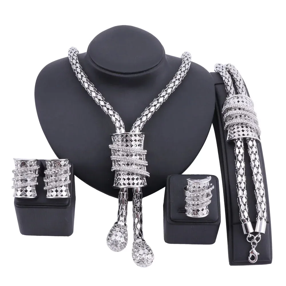 Dubai Silber Farbe Quaste Kristall Schmuck Set Armreif Ohrring Halskette Ring Hochzeit Bijoux Algerien Dubai Braut Geschenke