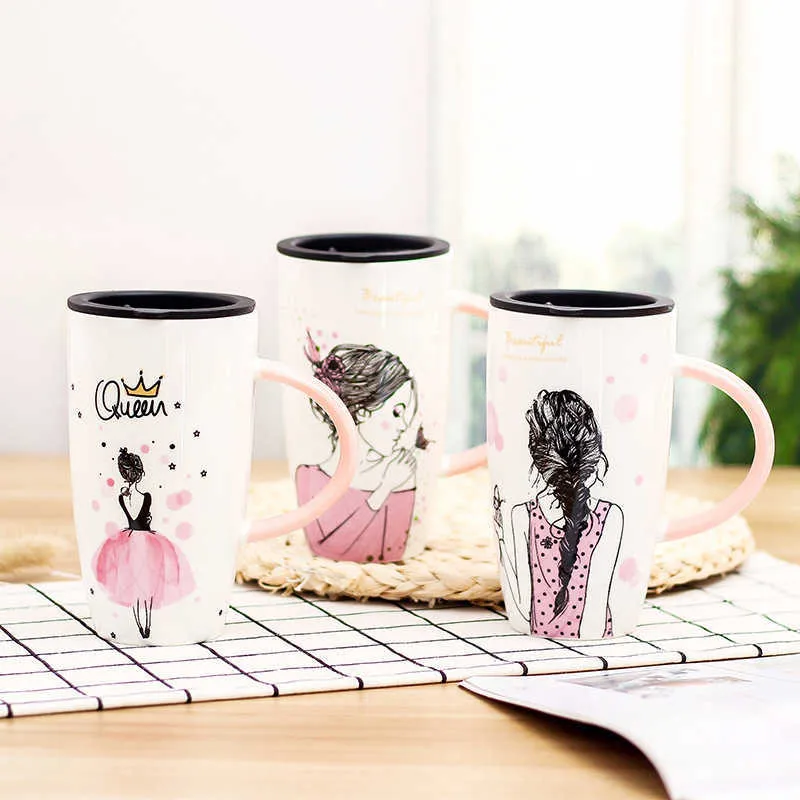 600ml Unique design beauty pattern Ceramic mug With Lid Large Capacity Mugs Drinkware Coffee Tea Cups Novelty Gifts milk cup 210804