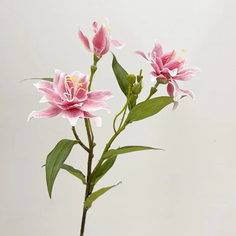 Dekoratif Çiçekler Çelenkler Süsleme Yapay Lily Şube Sayuri Sahte Işık Lüks Dayanıklı 60 cm Çift Yaprakları Beyaz Pembe Turuncu Decoratio