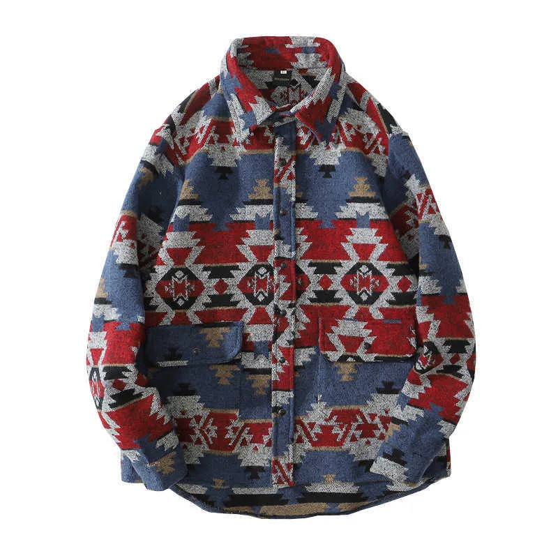 Heren flanel shirt etnische stijl element patroon lange mouw casual button up pocket jas, geborsteld zachte outdoor shirts 210527