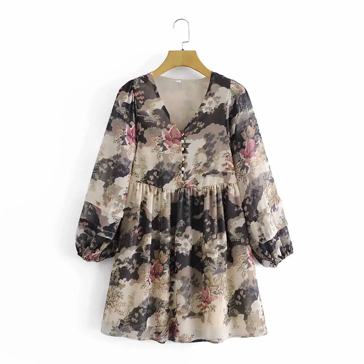 Women Dress Printed V-neck Long Puff Sleeves Lined Vintage Casual Short Dress Woman Dresses 210709