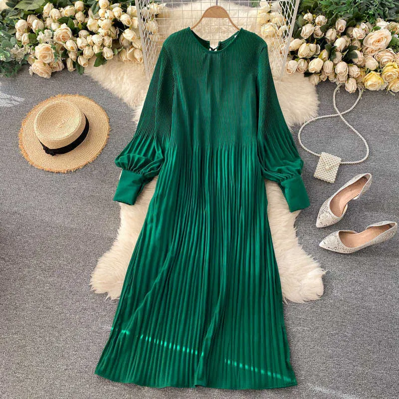 Vintage Pleated Chiffon Long Dress Women Casual Solid Pink/Green/Red O-Neck Draped Slim Vacation Vestidos Autumn Robe 2020 New Y0603