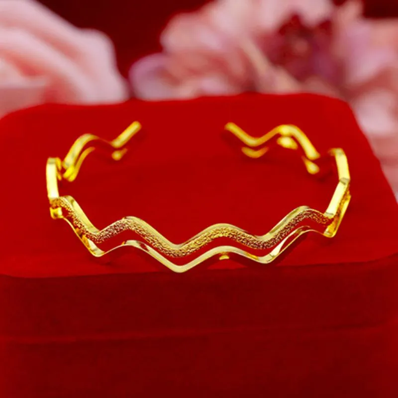 2-layer Wave Cuff Bangle Unique Style Women Jewelry 18k Yellow Gold Filled Pretty Femal Girl Bracelet Gift