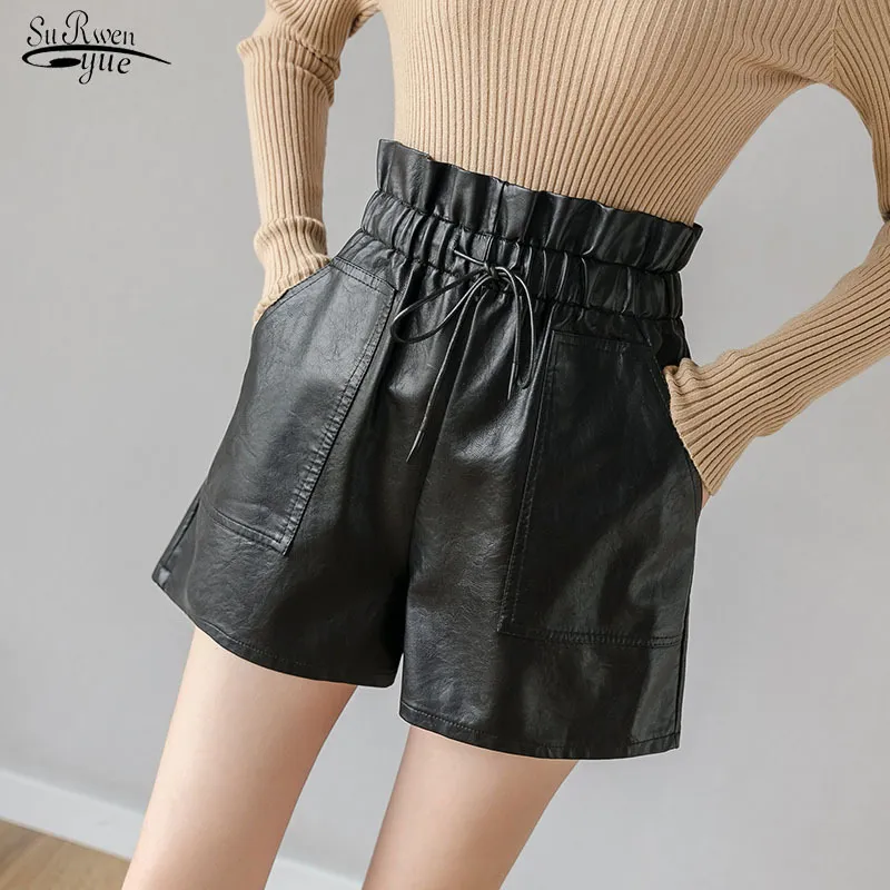 Koreanische Mode für Herbst und Winter mit Kordelzug, weites Bein, hohe Taille, lockere All-Match-Schlankheits-Ledershorts 11062 210521