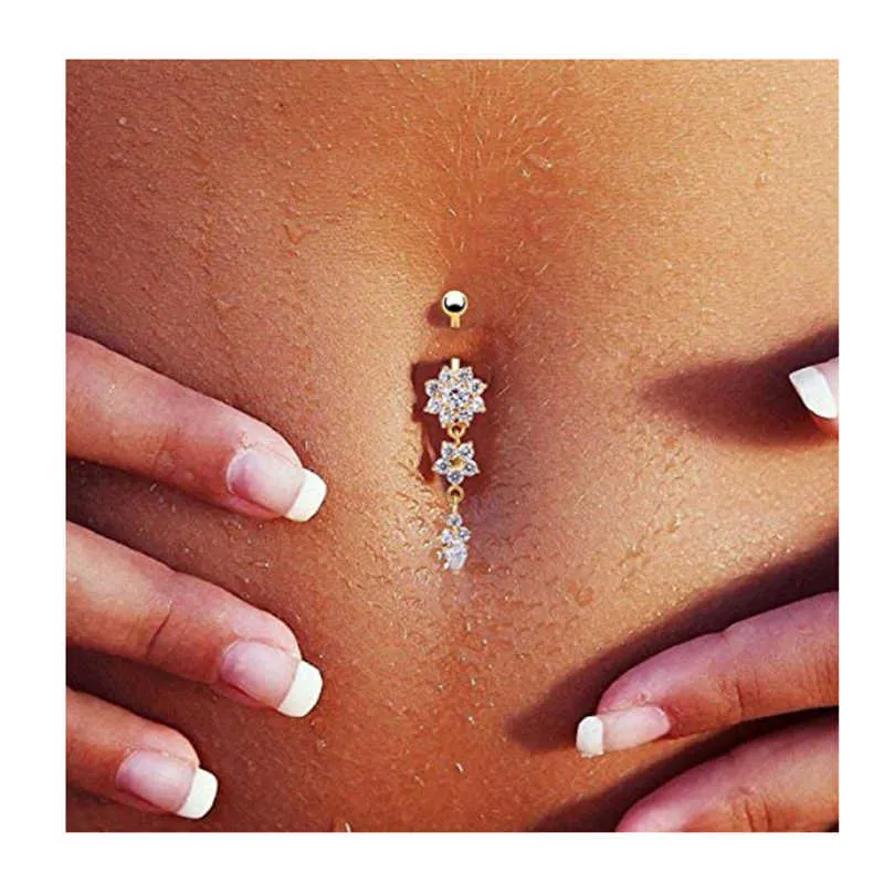 Sexy baumelnde Bars Bauchnabelringe Bauchpiercing CZ Kristall Blume Körperschmuck Nabelpiercing Ringe