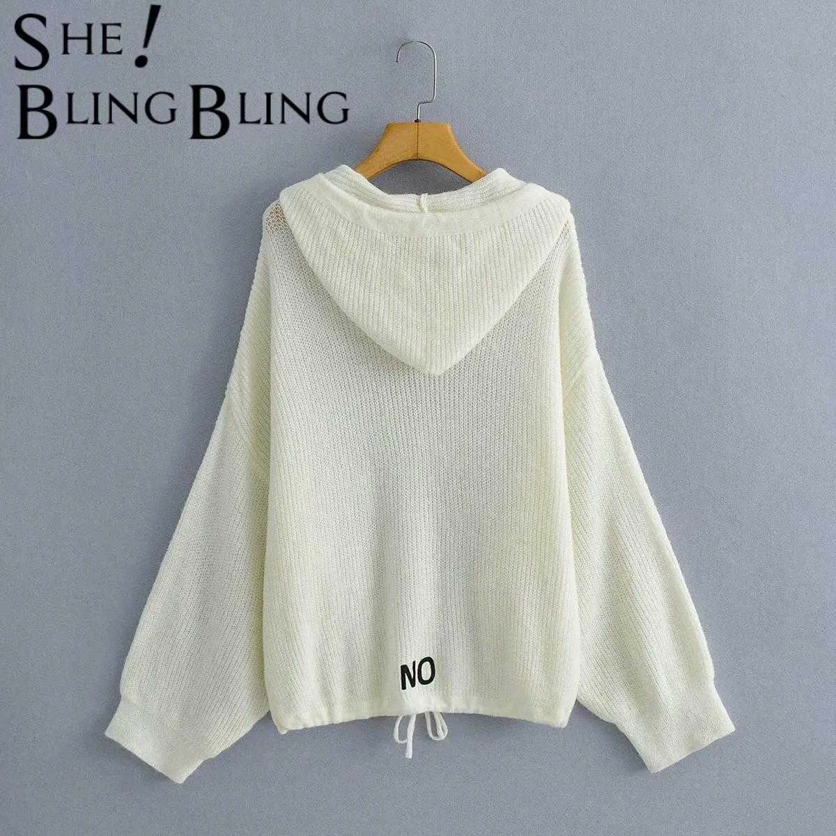 SheBlingBling Za Woman Casual Traf Pull Autumn Embroidery Drawcord Hem Drop Shoulder Knit Jumper Hooded Loose Sweater Femme Coat Y0825