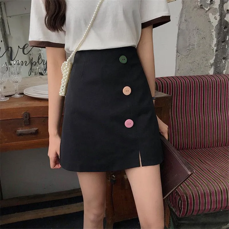 Skirts Feminine Opening A-line Mini Women Summer Style Buttons High Waist Package Hip Skirt Black White Short