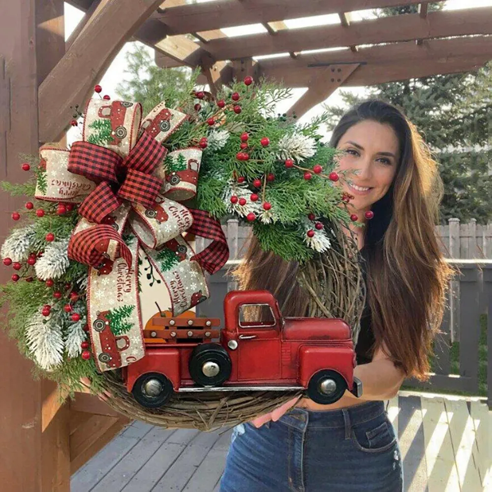 Rode Truck Kerst Krans Venster Voordeur Decoratie Muur Opknoping Voor Kerstmis Decoraties Props Party Home DHL