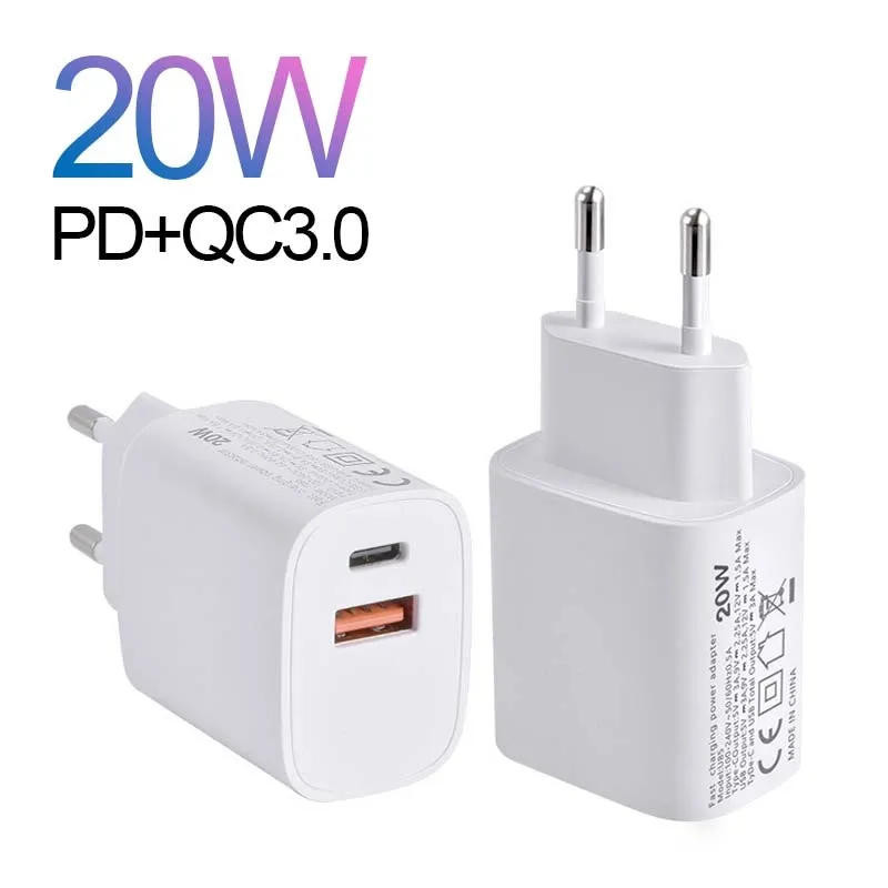 18W 20W PD + QC3.0 Dual Port Fast Charger Snabbladdning USB-C PD Snabb Laddning EU US UK Plug USB-laddare