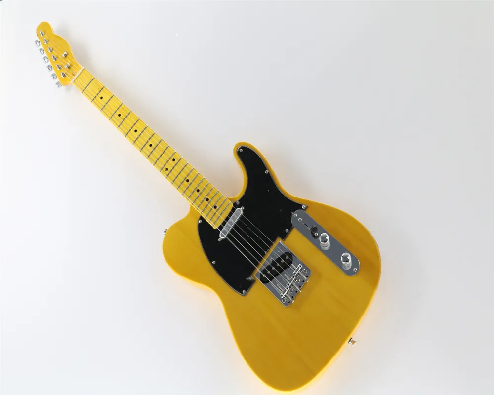 Customizable Yellow Yellow Electric Guitar With Black Pickguard, Maple