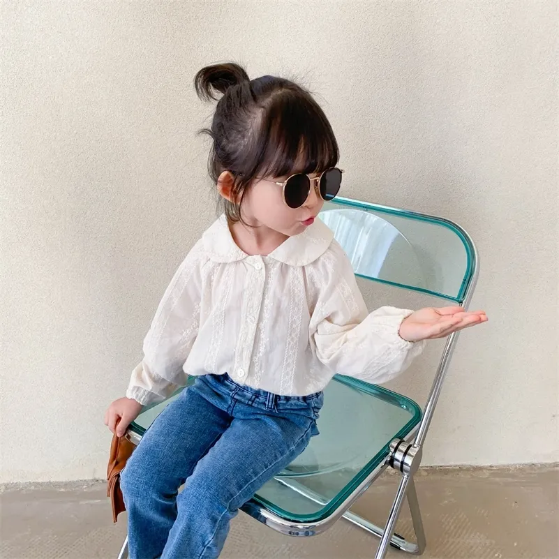 가을 귀여운 소녀 패션 자수 인형 칼라 셔츠 아기 소녀 순수 코튼 캐주얼 긴팔 셔츠 210306