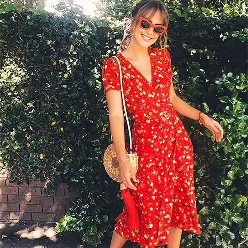 BOHO INSPIRED Yabani Kiraz baskılı şal yazlık elbise kısa kollu V yaka sashes midi elbise kadın şifon parti kadın vestidos 210719