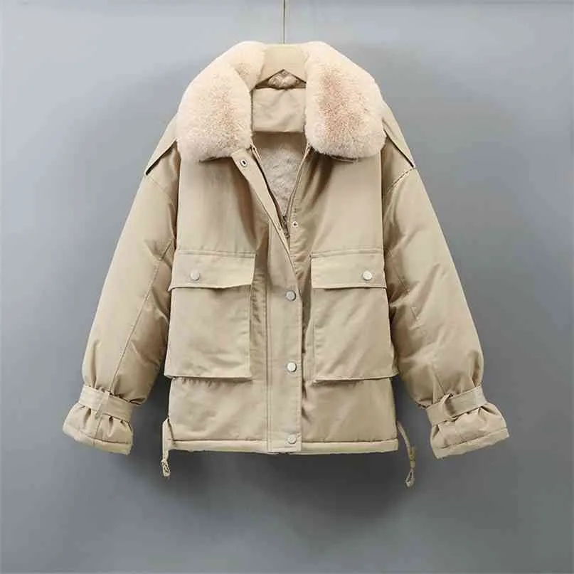 Court coton doublure Parka manteau hiver veste femmes décontracté épais chaud dames revers couleur unie Chic 210923