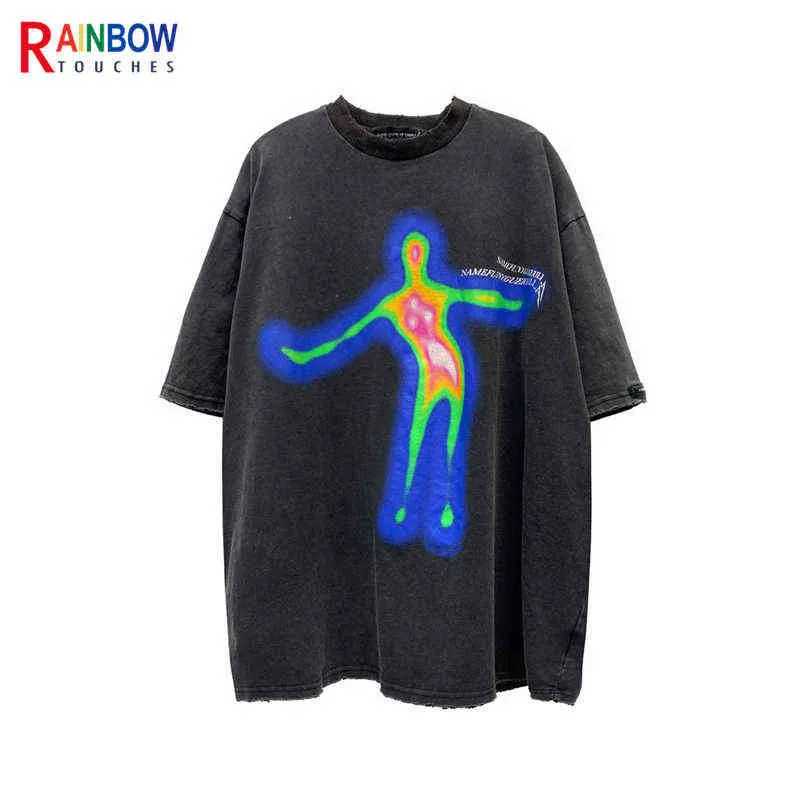 RainbowTrowes Punk T-shirt Men Fashion Oversized T-shirt Lös Hip Hop Wash Top High Street Harajuku Style T-shirts Unisex G1229