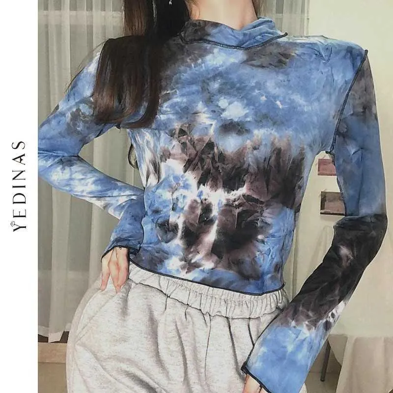 Yedinas Sexy Slanke T-shirt Dames Tie Dye Print Lange Mouw T-shirts Koreaanse stijl Harajuku Tops Vintage Streetwear Skinny Tee Top 210527