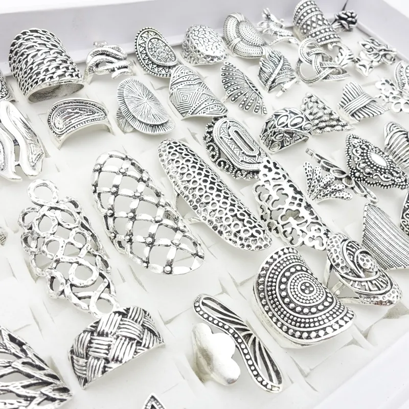 Hele 50 pcslot Vintage Sieraden Ringen voor Vrouwen Antiek Zilver Vinger Ring Party Geschenken gloednieuwe Drop Mix Stijlen Fashio258K