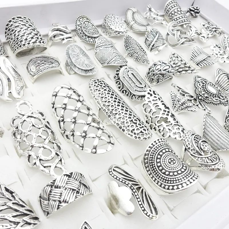 Wholesale 50pcs Boho Rings Set Silver Plated Vintage Style, Gemstone  Accents, Carved Flower Designs, Fashion Jewelry Party Favors
