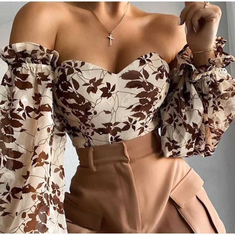 Women's T-Shirt Women Off Shoulder Corset Bustiers Tops Sexy Frill Long Lantern Sleeve Floral T-Shirts Chic Summer Autumn Low Cut Strapless