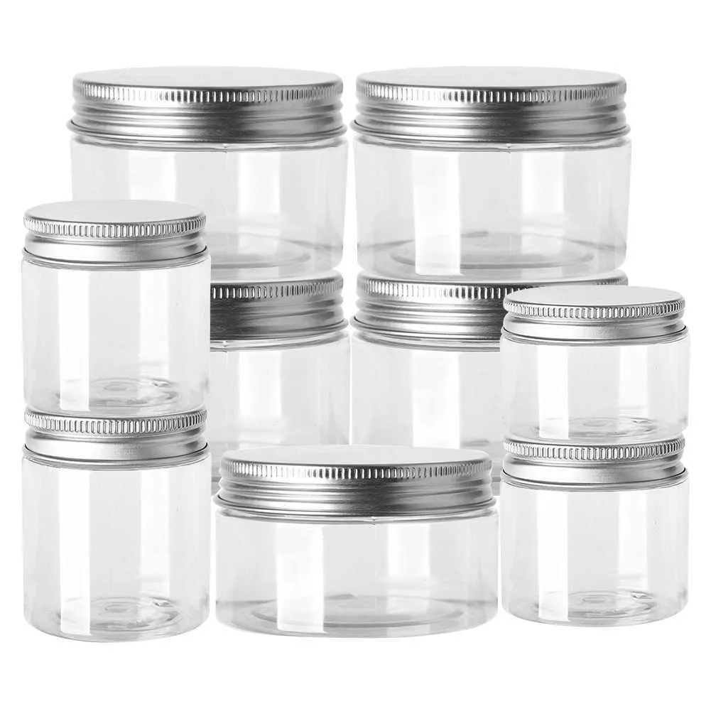 10st Aluminium Balsam Cap Rund breda munnen Plastlagringsburkar Container Clear Canister Transparent Travel Bottle Pot 30ml-150ml