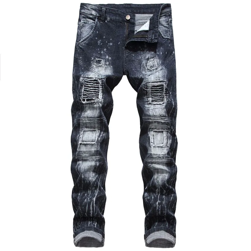 Mäns höga midja jeans denim byxor rippade smal passform gata motorcykel biker jean kausalbyxor streetwear mens svart blå storlek 28 30 32 38 38 40 42 jeans