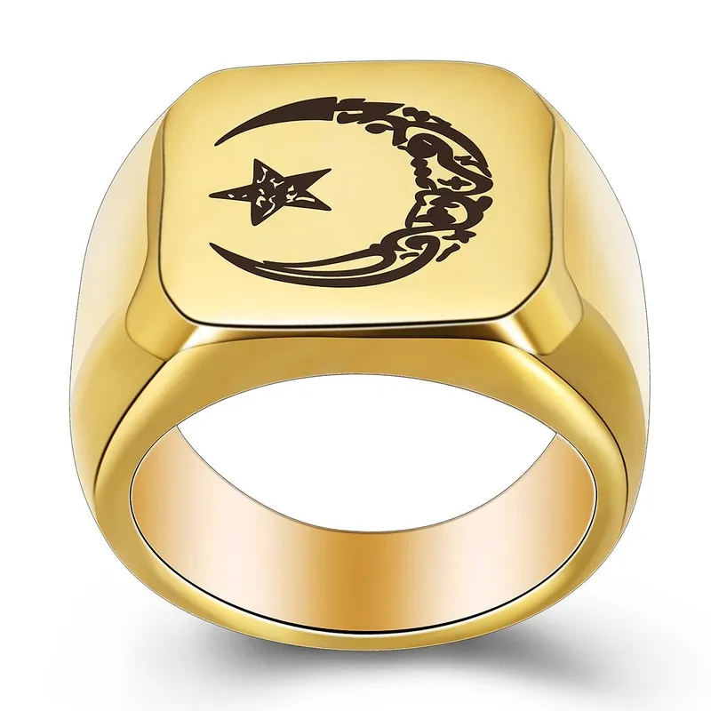 Muzułmanin Lesser Bairam Star and Moon Ring Band Gold Blue Black Stal Stael Signet Pierścienie dla mężczyzn biżuteria mody Will i Sandy