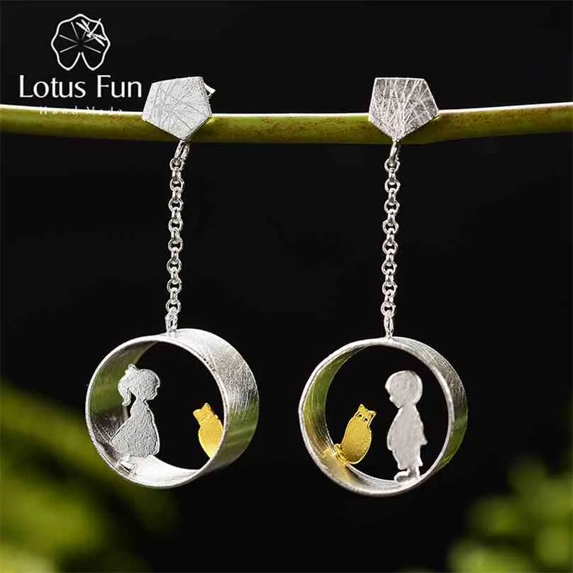 Lotus leuke echte 925 sterling zilveren oorbellen creatieve handgemaakte fijne sieraden vergadering liefde met kattendaling voor vrouwen Brincos 210625