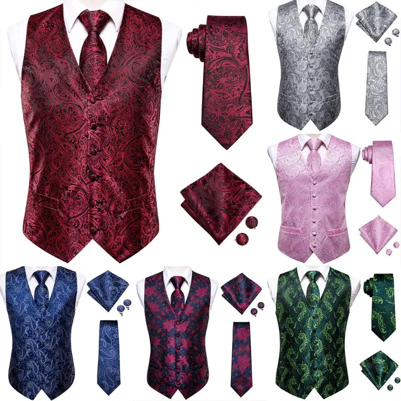 Men's Vests Hi-Tie Burgundy Paisley Floral Silk Slim Waistcoat Necktie Set For Suit Dress Wedding 4PCS Vest Hanky Cufflink