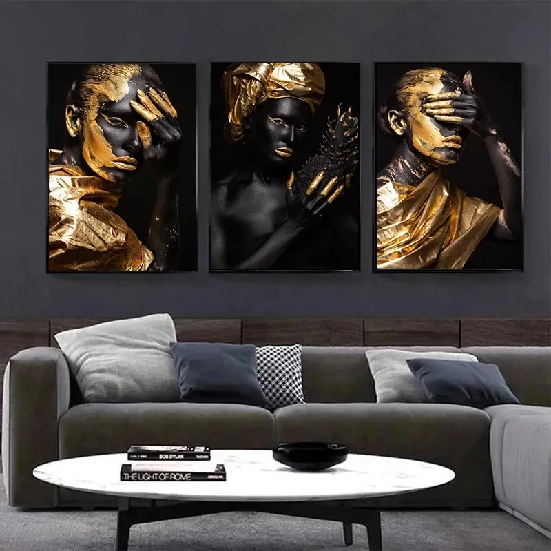 Afrikanische Goldene Schönheit Mädchen Leinwand Malerei Schwarze Mädchen Make-up Poster und Drucke Wandkunst Bild Für Wohnzimmer Dekoration