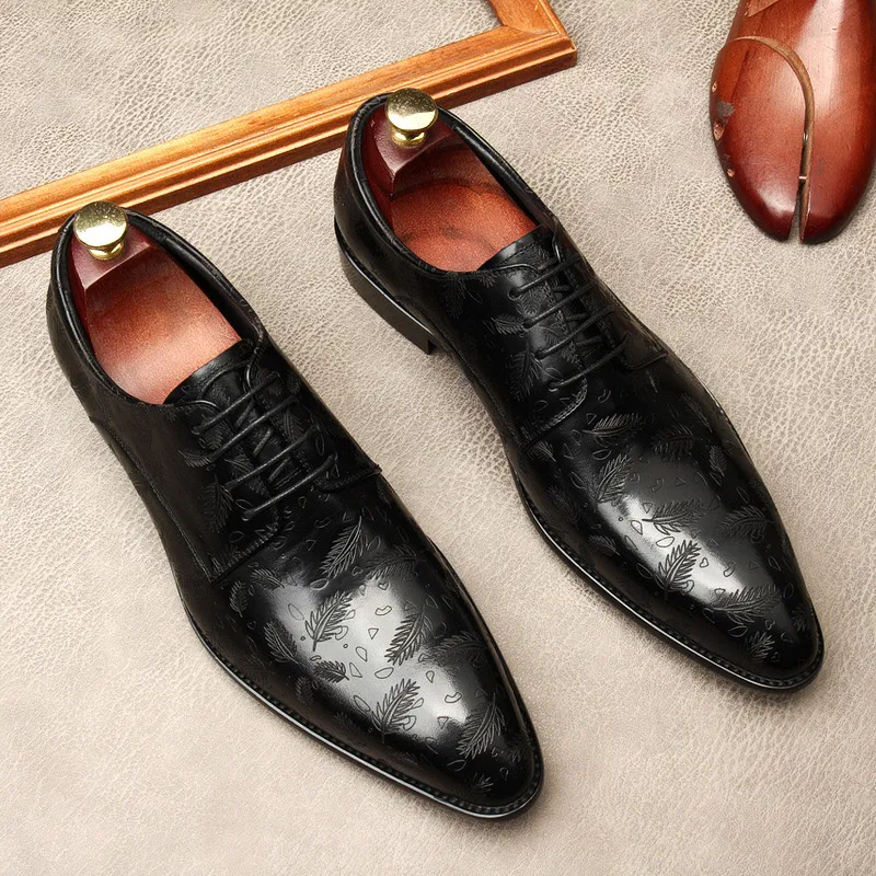 Chaussures Oxford en cuir véritable pour hommes d'affaires, chaussures classiques à lacets, bout pointu, sculpture de feuilles, Brogue formelles, G32