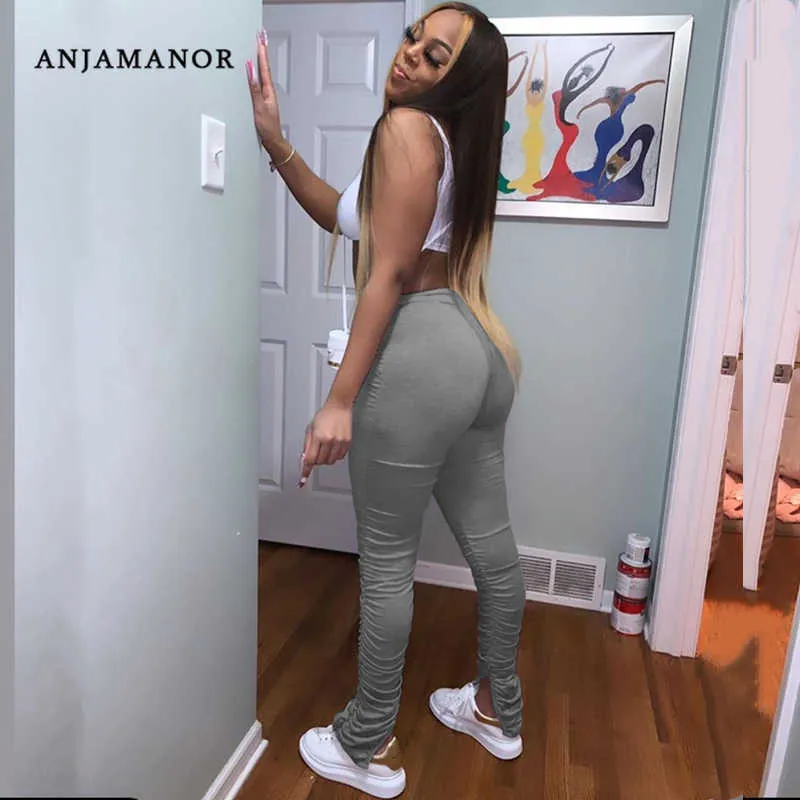 Anjamanor Split Ruched Stacked Sweatpants女性レギンスプラスサイズプリーツプリーツボディコンパンツポケットトレーニングズボンドD63-CE30 x0629