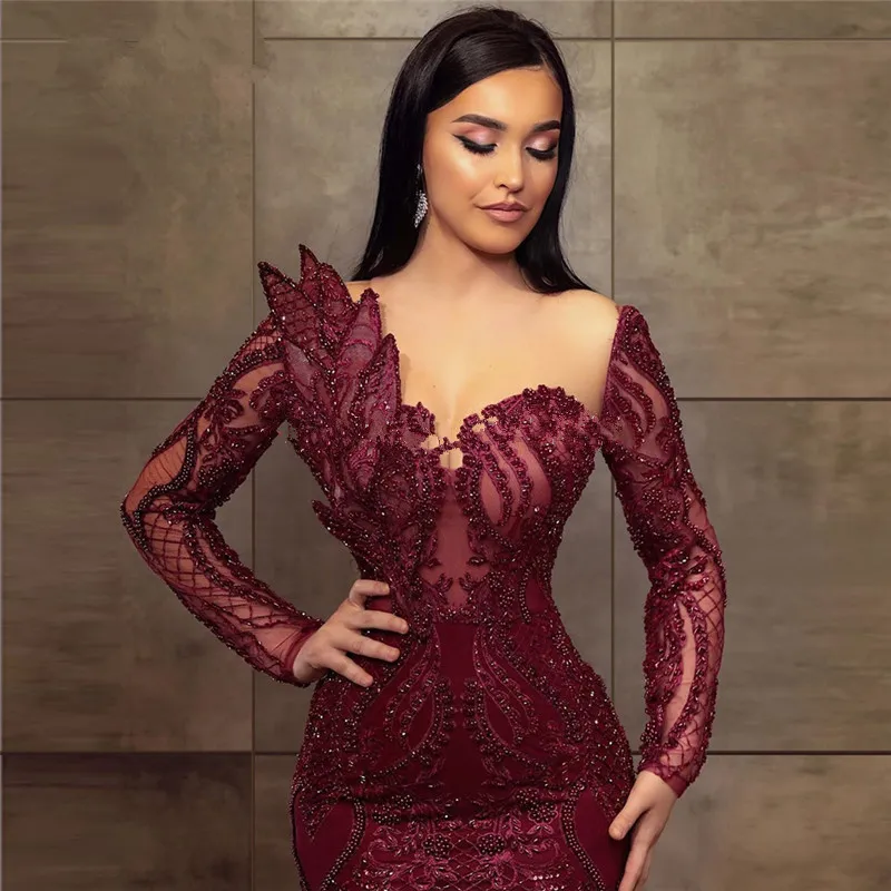 Burgund Abendkleider Islamische Türkische Lange Ärmel Meerjungfrau Party Kleid Dubai Perlen Arabisch Spitze Prom Kleid Robe De Soiree