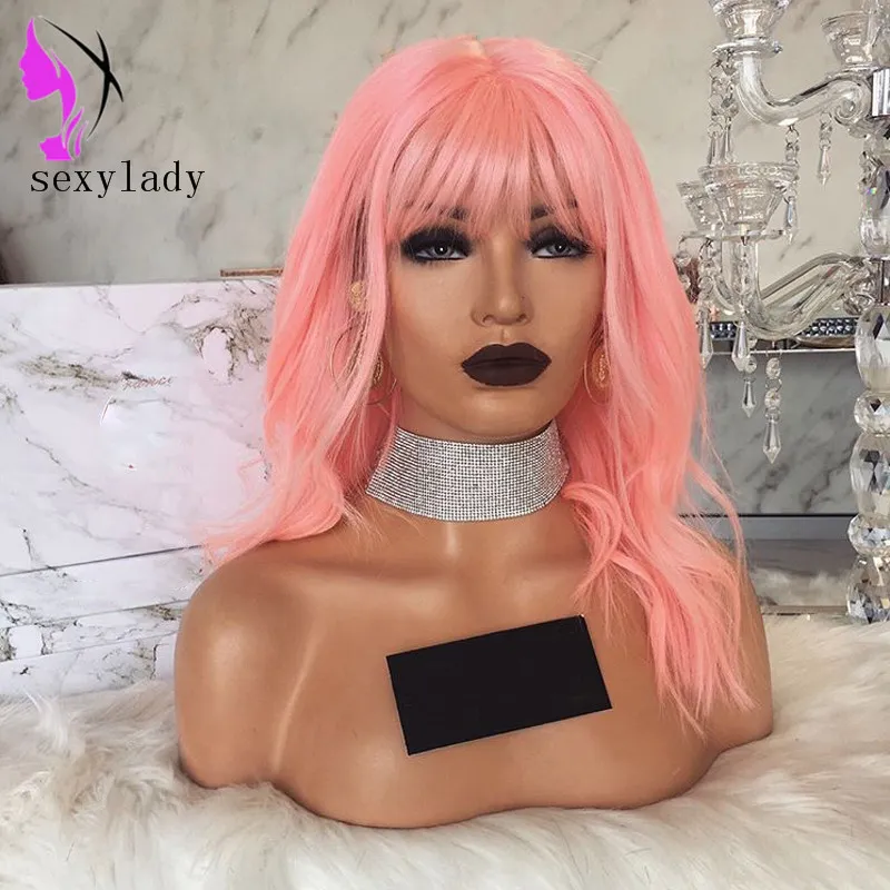 Quente popular curto Bob peruca cor rosa perucas dianteiras de renda sintética com franja resistente a calor perucas baratas para mulher