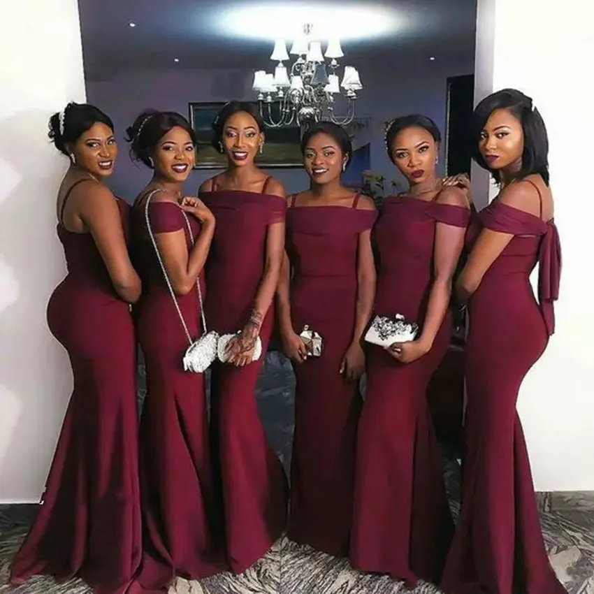 2021 African Burgundy Mermaid Bridesmaid Dresses Spaghetti Sweep Train  Garden Country Wedding Guest Gowns Maid Of Honor Dress Plus Size