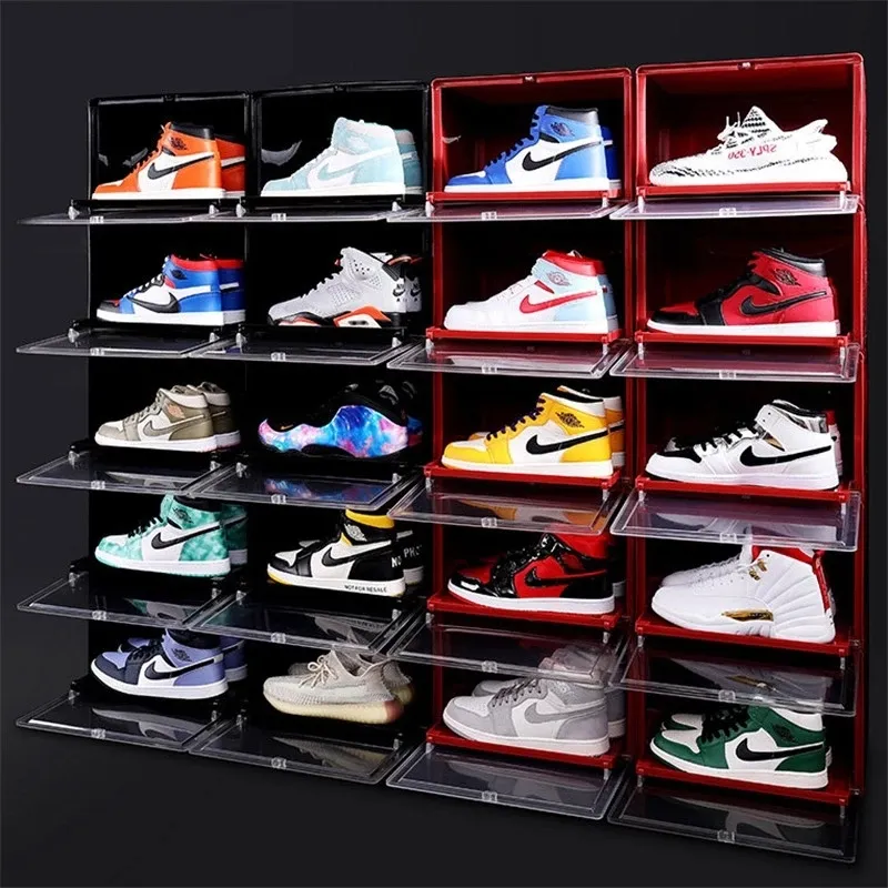 Sneakers Box Sliding Plastic Schoenen Doos Stapelbare Display Cabinet Opbergdoos Afneembare Stofdicht Schoenenrek Organizer voor AJ 210306