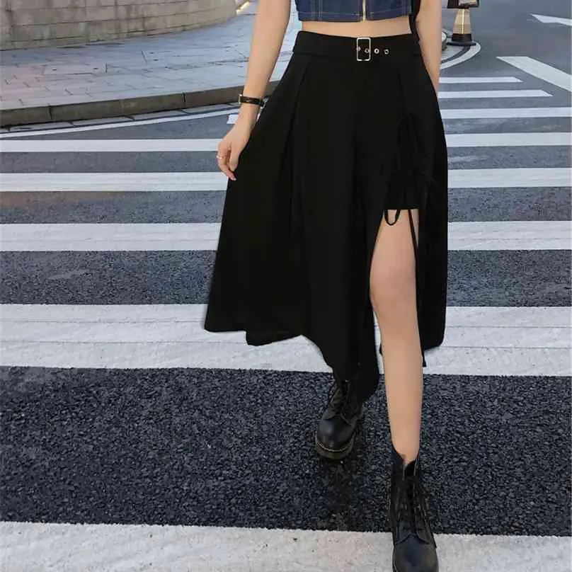 Vintage mörk gotisk hög split mid-calf kjolar kvinnor elegant mode party club midja femme botten streetwear goth kjol 210629