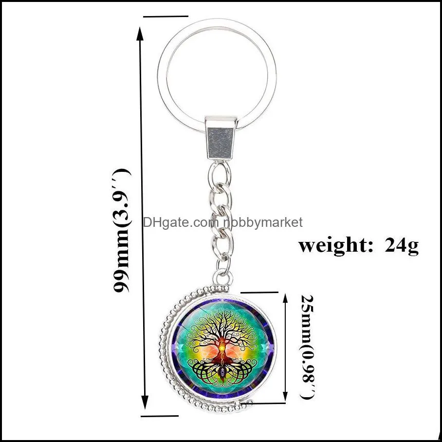 Tree of Life Double sided Keychains Rotable Glass Cabochon Time Gemstone Key chain Silver metal Key Rings Jewelry accessories in Bulk