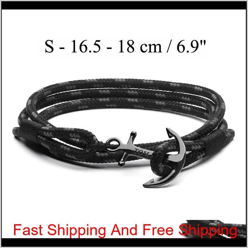 tom hope bracelet 4 size handmade triple black thread rope bracelet bangle stainless steel black anchor charms bracelet with box and tag